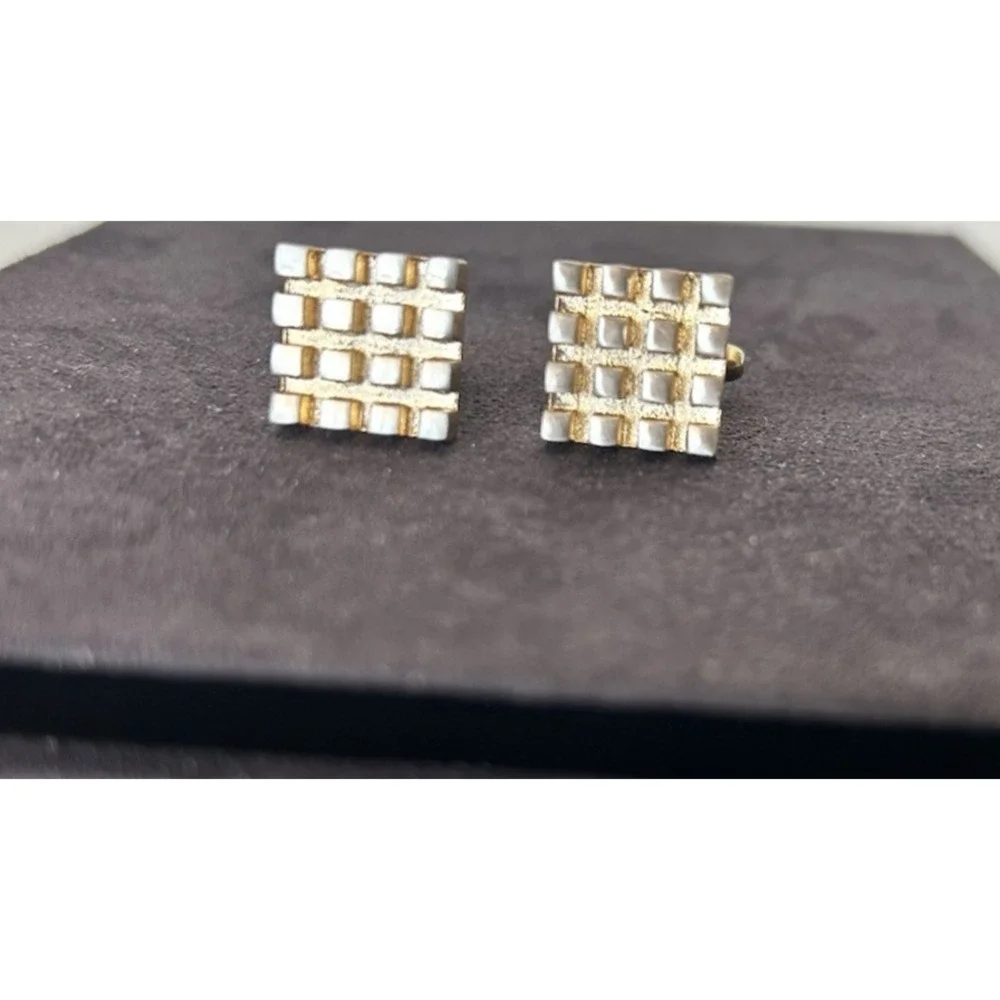 Vintage Gold-Tone 3D Geometric Checker Cufflinks Retro Brutalist VGUC